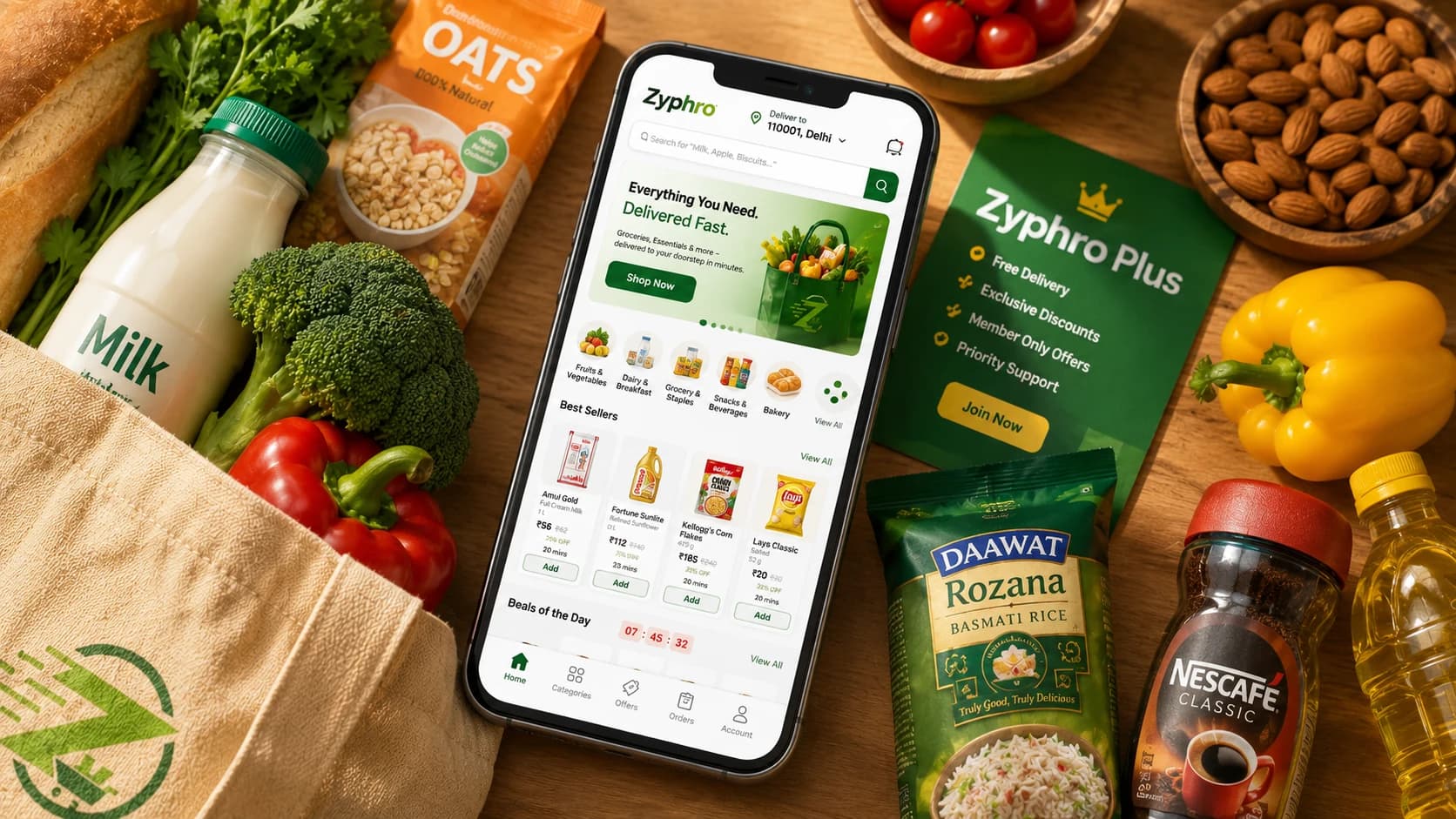 The Zyphro app open on a phone, surrounded by fresh groceries