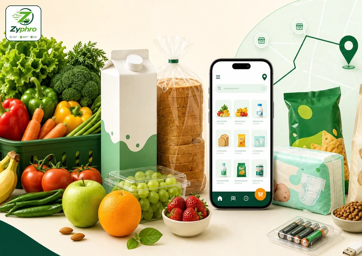 Fresh groceries and household essentials available through Zyphro